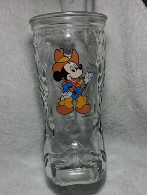 Disney Clear Glass Tumbler with Orange and Blue Mickey Cowboy Art